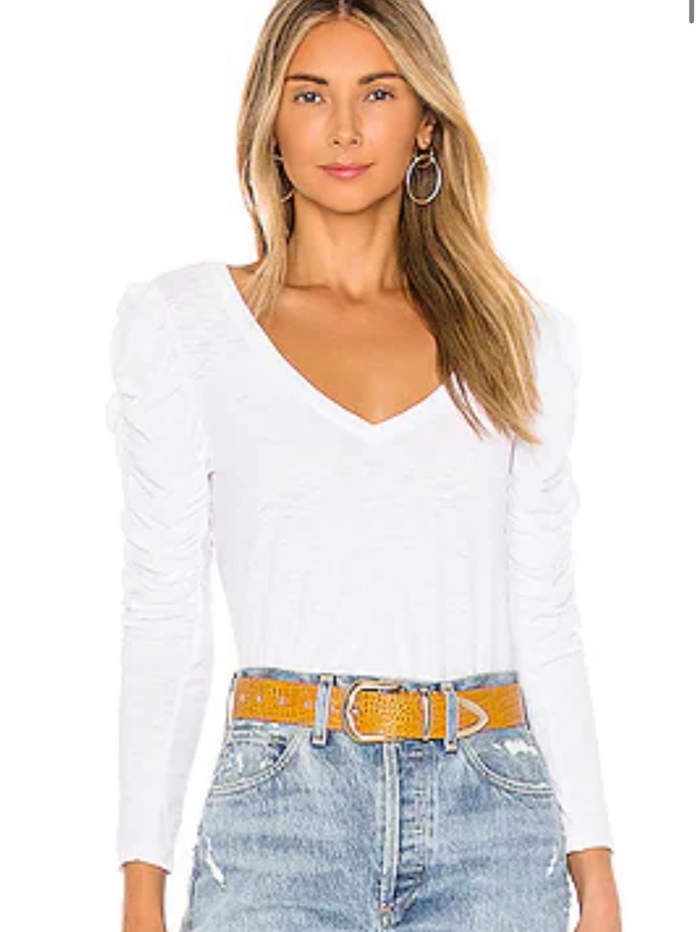 NWT Nation LTD Kristen Ruched Sleeve V-Neck Pima Cotton Top White S